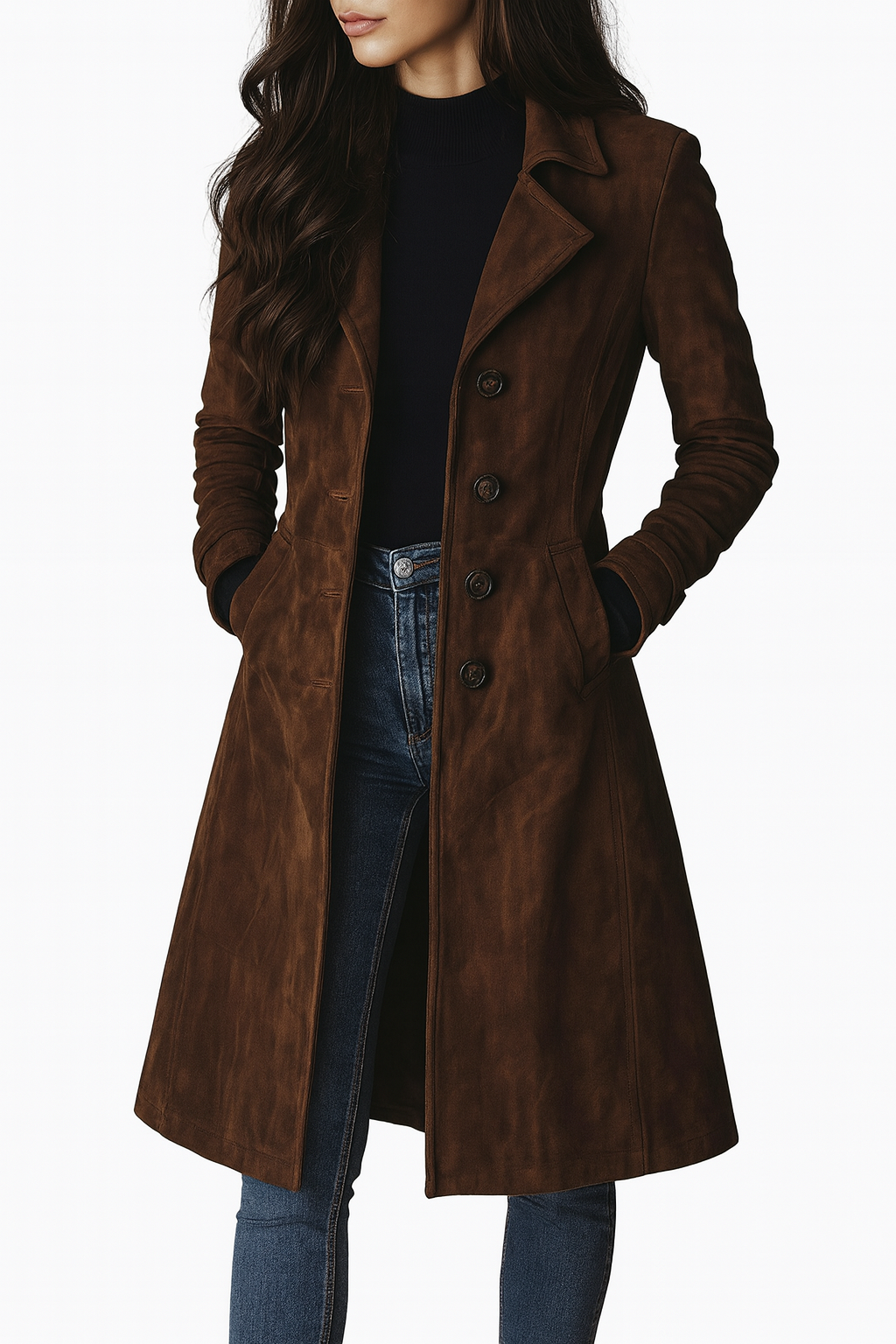 Manteau élégant automnal Danoir Paris Sygrid FR1572 en marron, vue de face avec col et boutons sophistiqués.