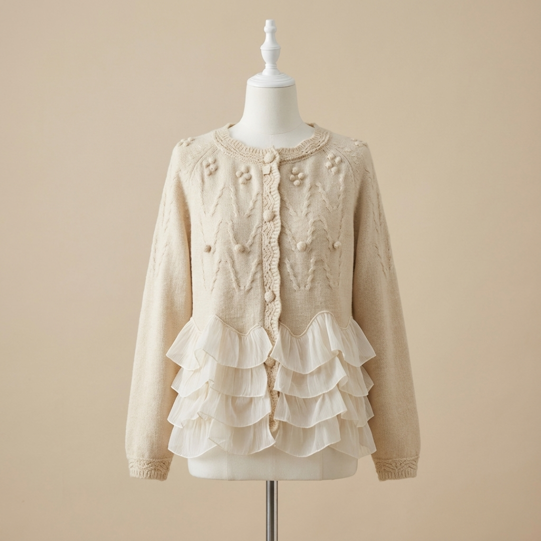Cardigan élégant Danoir Paris Natalie avec volants en crème, détail de la finition et tissu léger, pour un look sophistiqué.