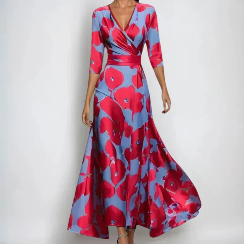 Robe florale de luxe Emily de Danoir Paris, blanc et bleu, vue de face, tissu élégant et détails raffinés.