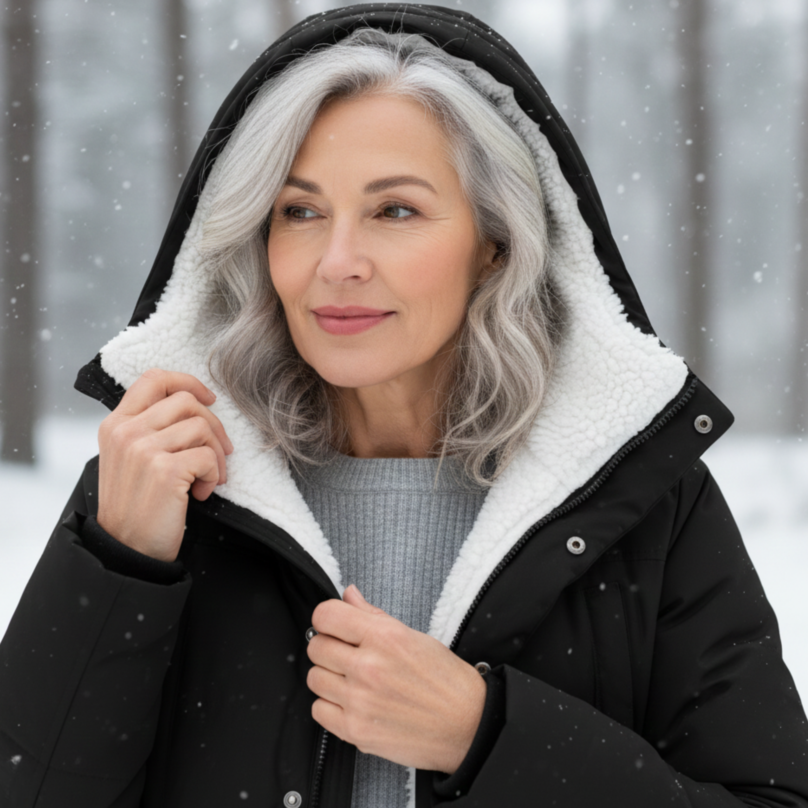 Veste élégante hivernale gris Danoir Paris Adeline, coupe ajustée, détails sophistiqués, vue de face sur fond blanc.