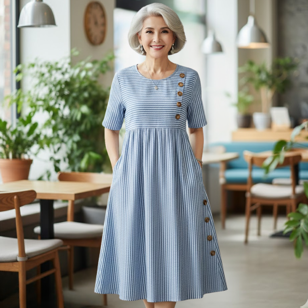 Robe midi rayée Danoir Paris Wanda en tissu confortable, bleu et blanc, portée avec détails visibles.