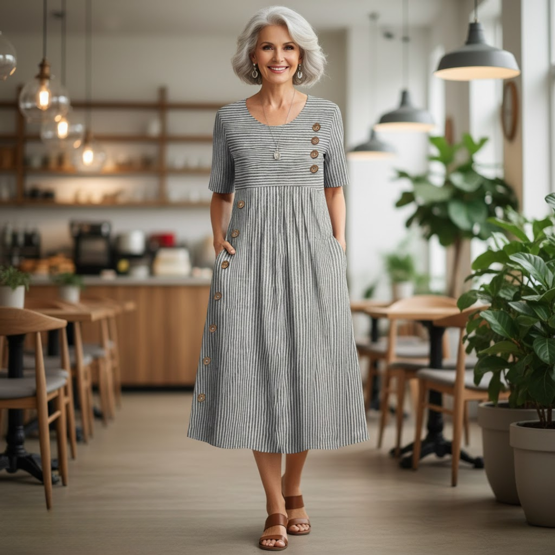 Robe midi rayée Danoir Paris Wanda en tissu confortable, couleur bleue, style décontracté et élégant.