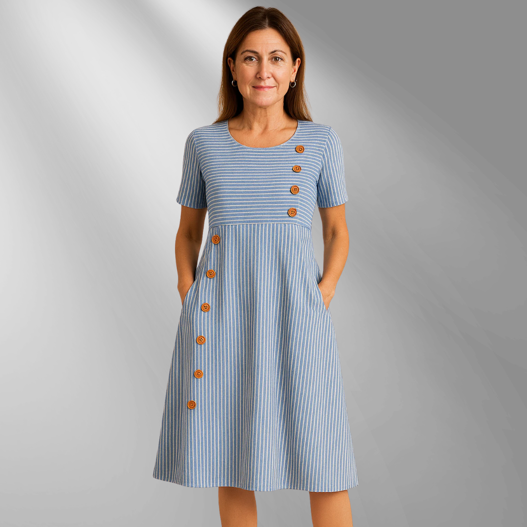 Robe midi rayée bleu Danoir Paris Wanda, vêtement élégant et confortable pour femmes, vue de face.
