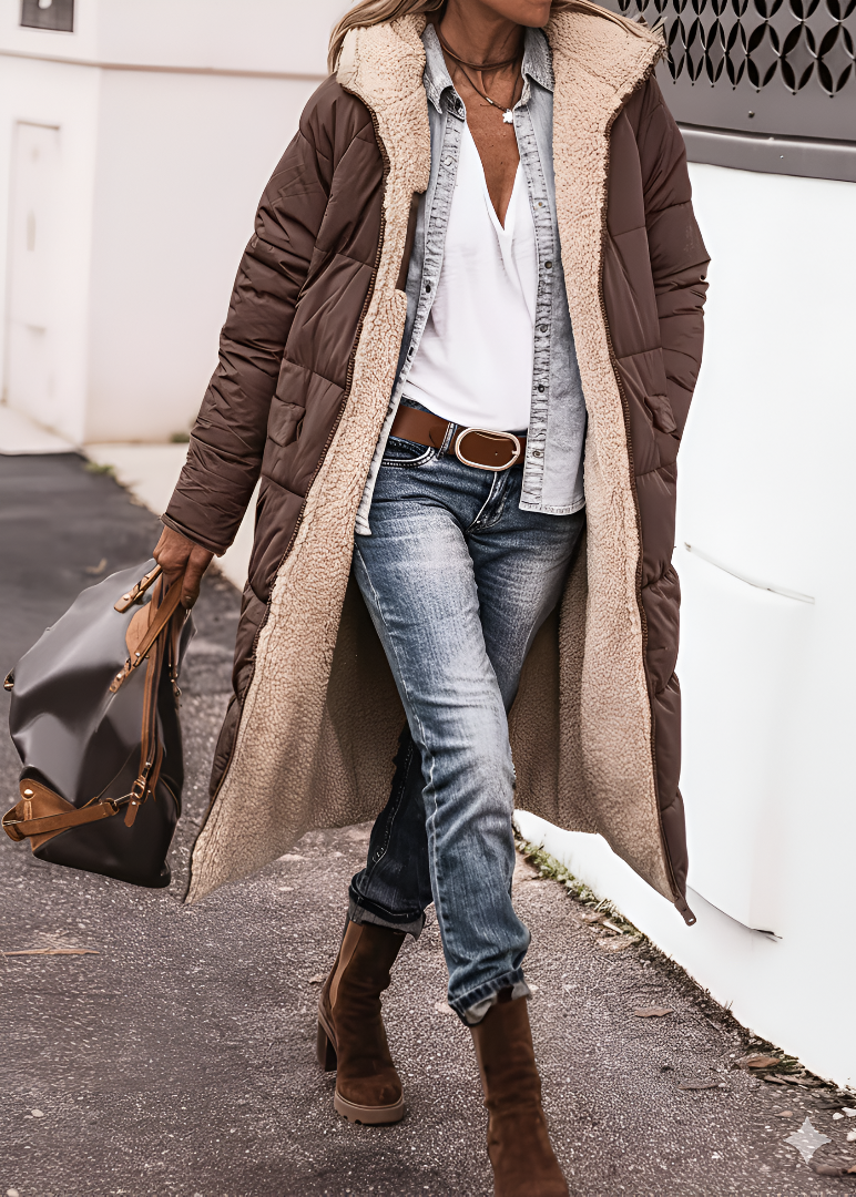 Manteau long réversible vert Danoir Paris Layla, style élégant et sophistiqué, vue de face sur un mannequin.