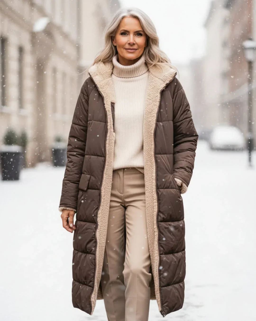 Manteau long réversible Danoir Paris Layla en vert, élégant, avec doublure visible, porté sur un mannequin.