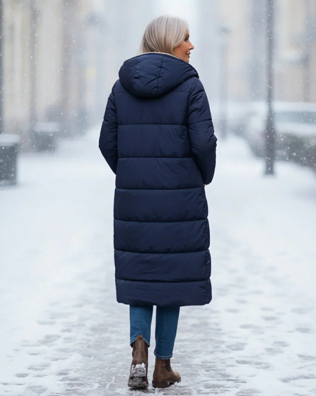Manteau long réversible Danoir Paris Layla en vert, élégant, avec design sophistiqué, porté en version courte ou longue.