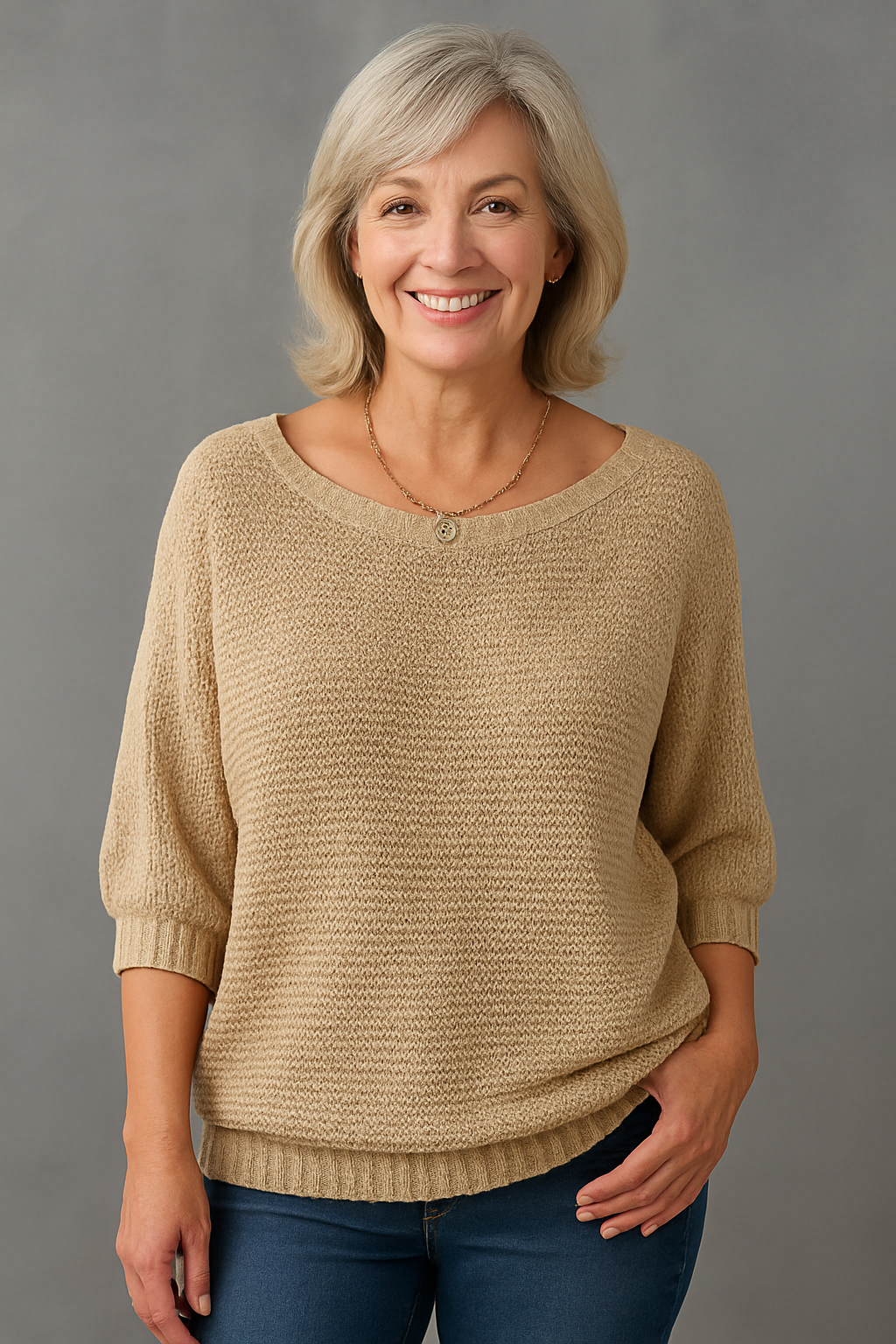 Pull élégante Danoir Paris Linda FR782 beige, confortable et sophistiqué, en tissu doux avec col rond et manches longues.