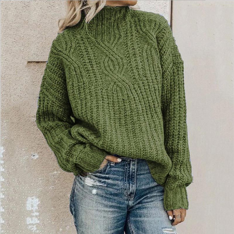 Pull en câble vert Danoir Paris Sofian, modèle FR785, élégant et confortable, porté sur mannequin, vue de face.