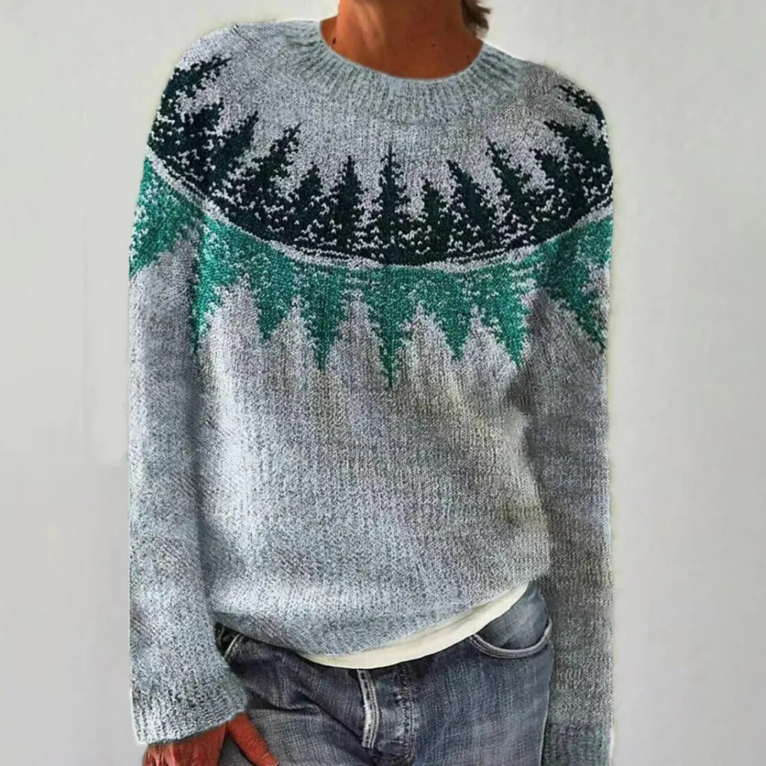 Pull Heather Danoir Paris FR845 en bleu, style rétro chic, avec col rond et détails élégants, porté sur un mannequin.