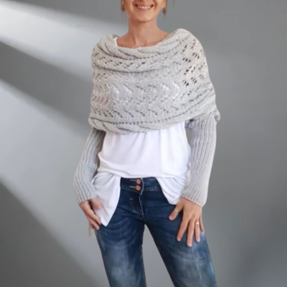 Châle tissé WarmWrap™ vert grisâtre de Danoir Paris, élégant et chaud, porté enroulé autour du cou ou sur les épaules.