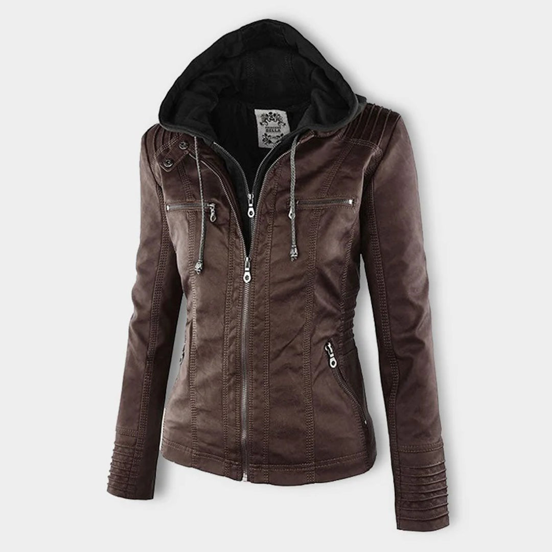 Veste motard élégante Kiana de Danoir Paris en marron, tissu résistant, coupe ajustée, style chic et moderne, taille XS.