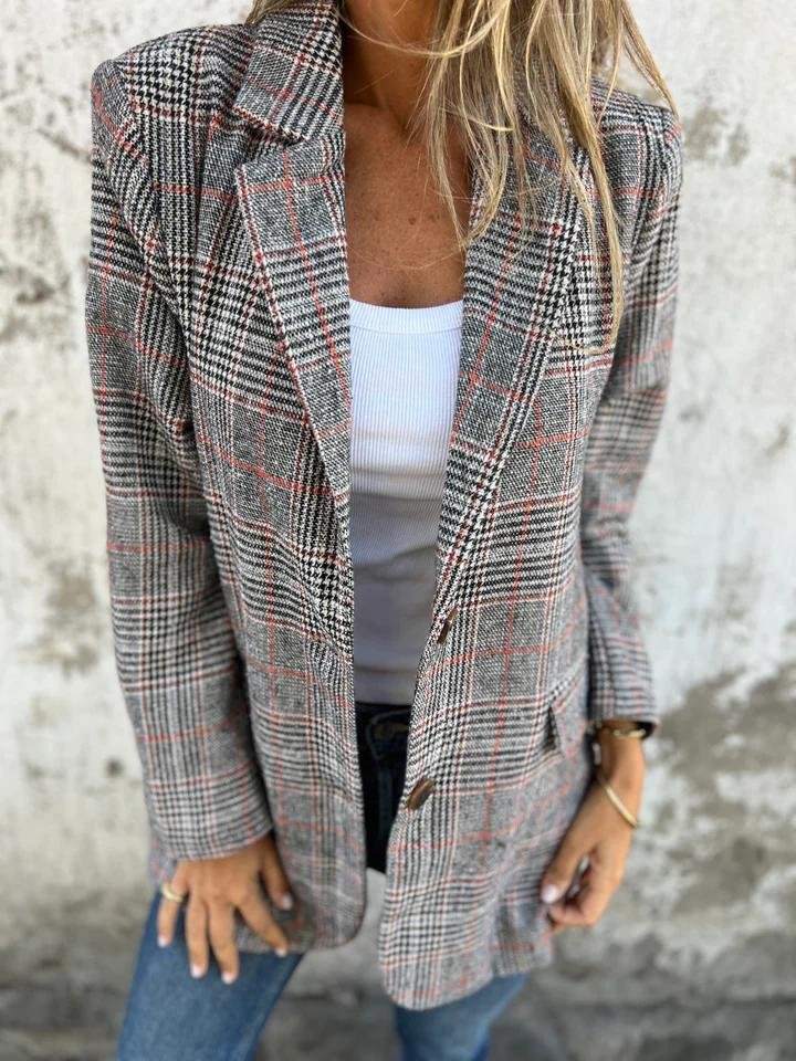 Manteau à carreaux marron Danoir Paris FR882 avec motif floral élégant, veste chaude et sophistiquée pour femmes.