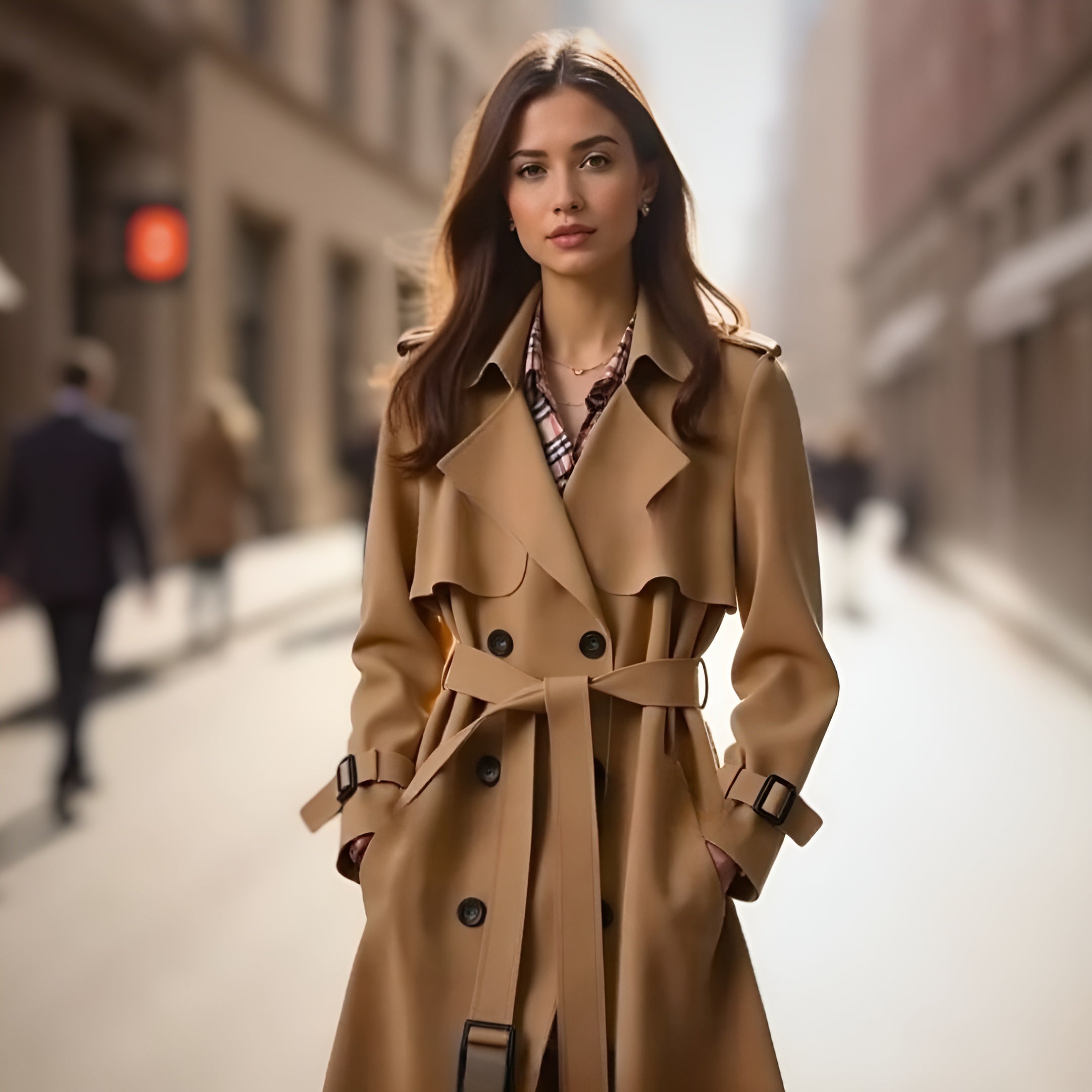 Trench-coat élégant automnal Danoir Paris Helena FR928 beige, coupe classique et détails sophistiqués pour femmes.