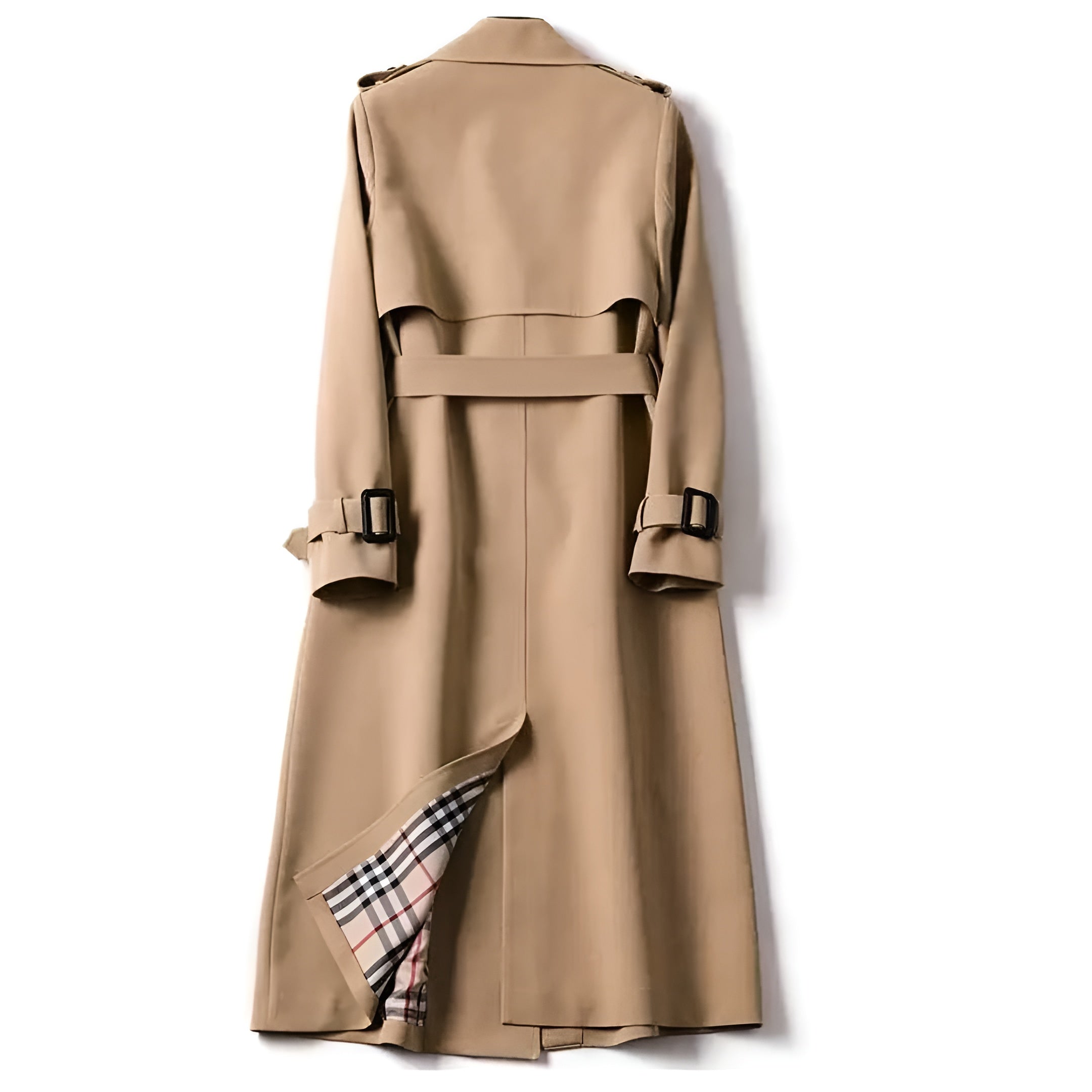 Manteau trench-coat élégant automnal Danoir Paris Helena, beige, coupe sophistiquée, porté sur un mannequin.