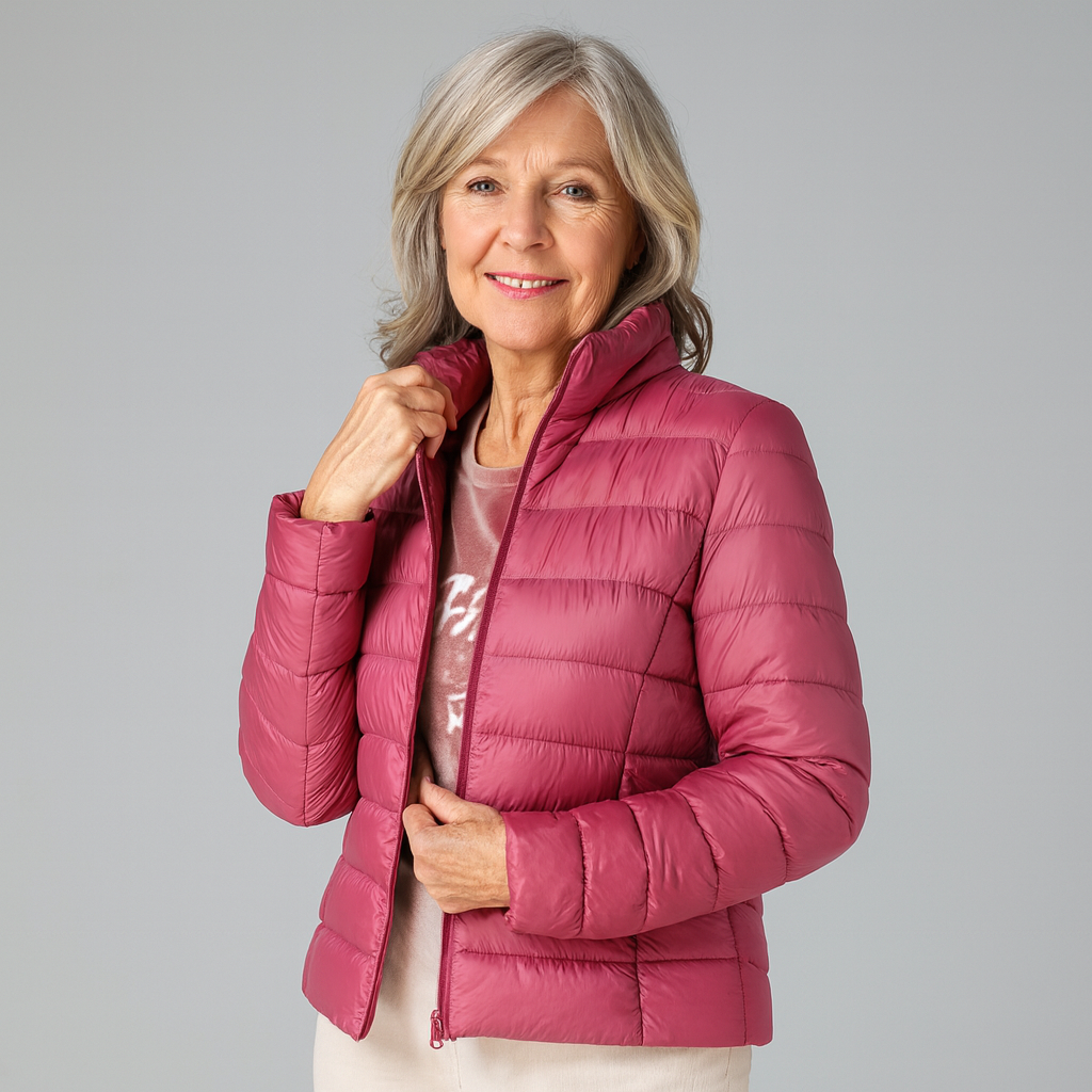 Veste ultra légère élégante Elin de Danoir Paris en rose, design sophistiqué et finition soignée.