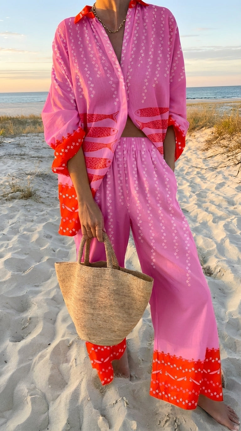 Ensemble Isla™ de Danoir Paris, vêtement coloré pour femme, avec plusieurs pièces assorties, vue sur le tissu et le design.
