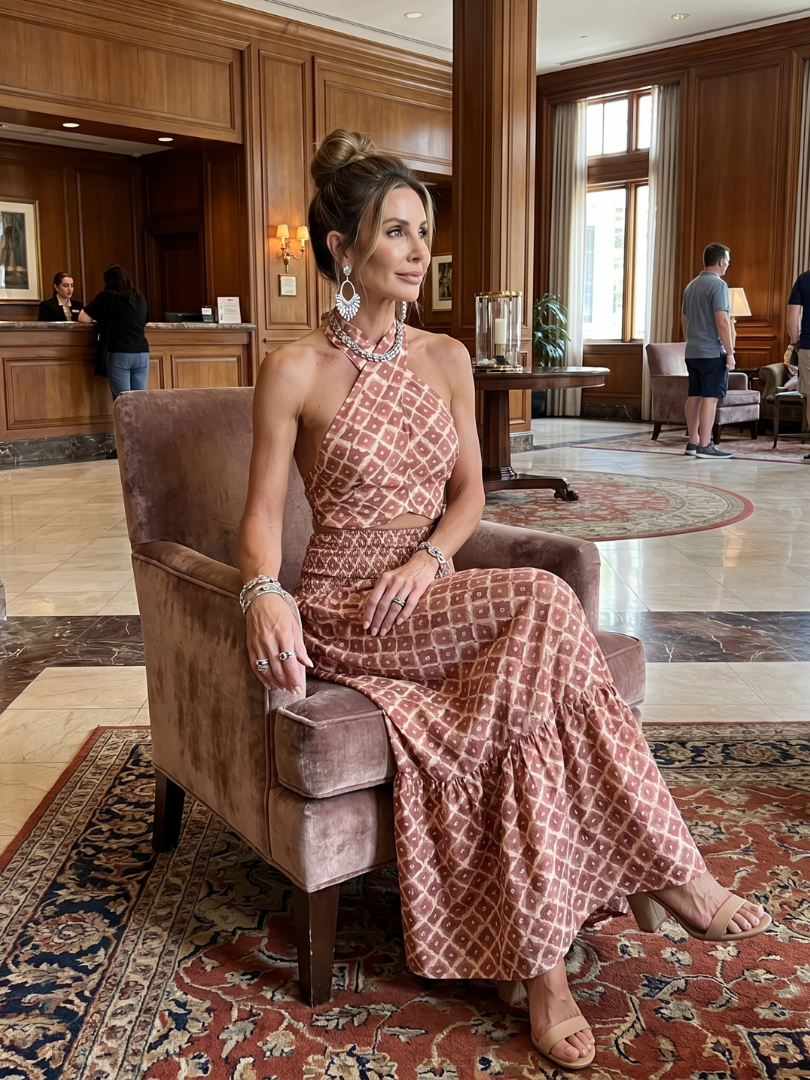 Robe midi Danoir Paris Amira à imprimé géométrique, design croisé halter avec découpes pour un style élégant et moderne