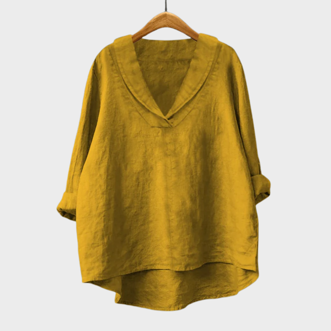 Chemise d'été en lin jaune Samantha de Danoir Paris, élégante et légère, portée sur un mannequin.