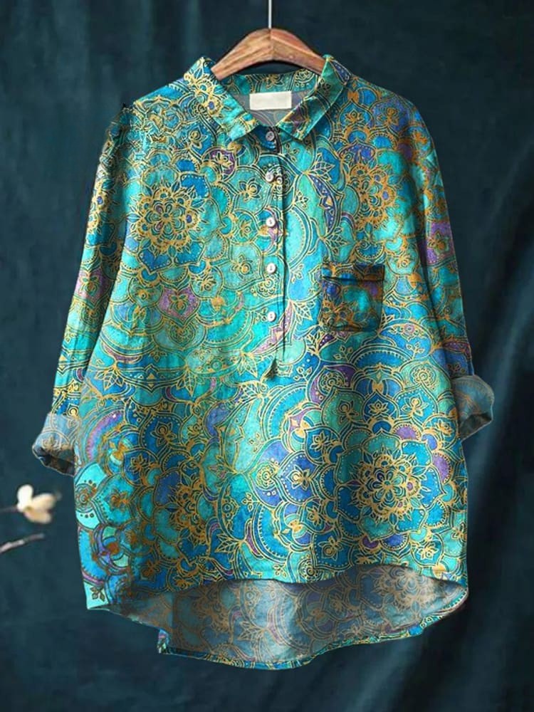 Chemise verte Danoir Paris Amelia avec motif mandala, en tissu léger et élégant pour un style décontracté et sophistiqué.