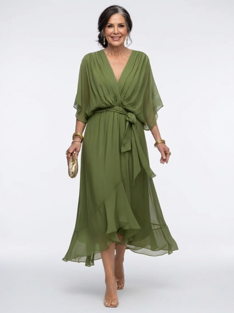 Robe midi drapée verte Danoir Paris Elysia avec décolleté en V et ceinture à la taille, vue de face.