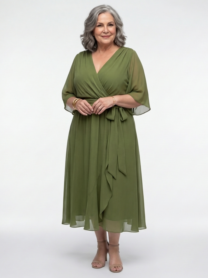 Robe midi drapée verte Danoir Paris Elysia avec décolleté en V et ceinture à la taille, vue de face.