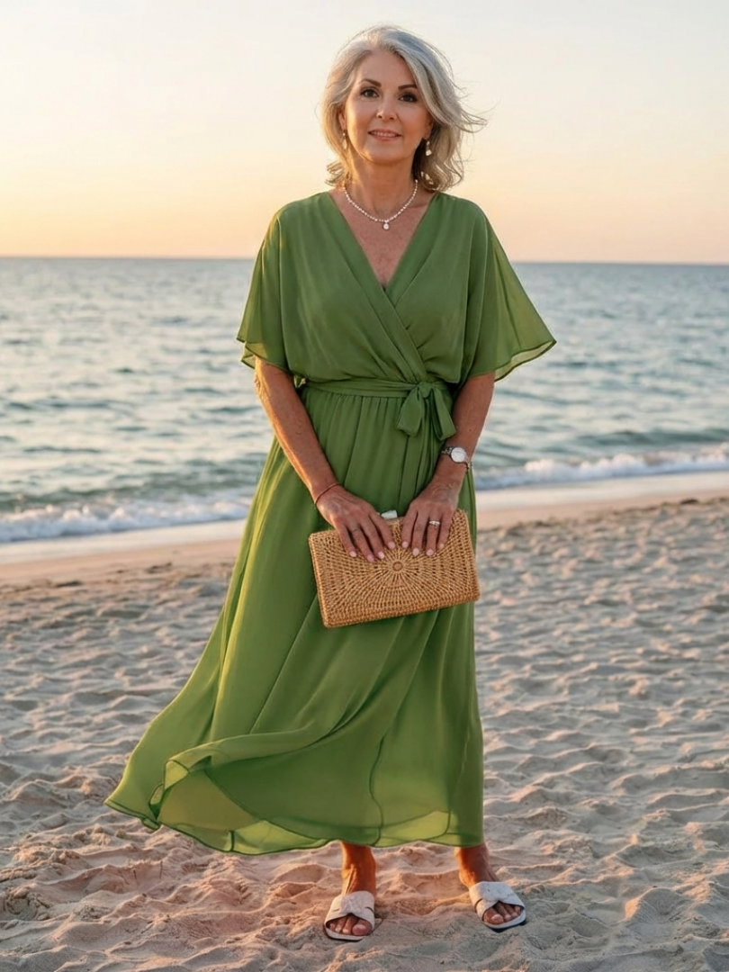 Robe midi drapée verte Danoir Paris Elysia avec décolleté en V et ceinture à la taille, vue de face.