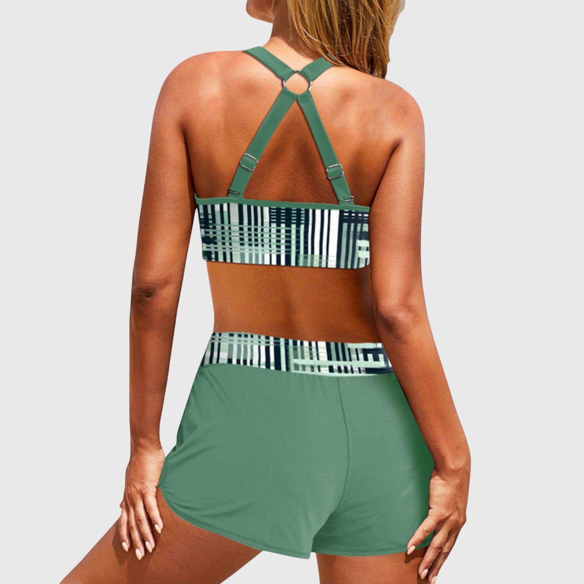 Maillot de bain bikini haut de gamme Danoir Paris Janelle à taille haute et rayures en relief, couleur verte.