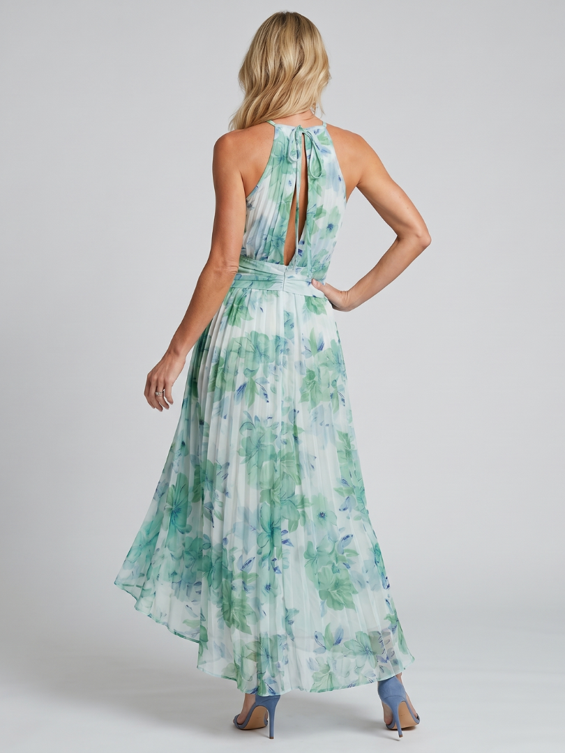 Robe longue plissée à halter Danoir Paris Portia avec motif floral doux en vert, vue de face sur fond blanc