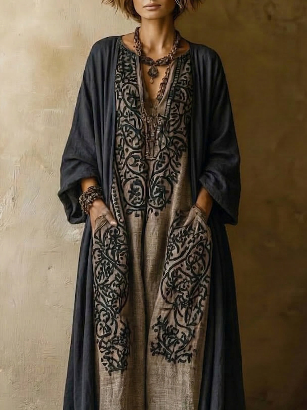 Ensemble deux pièces bohème vintage en coton et lin de Danoir Paris, couleur gris, avec haut et pantalon décontractés.