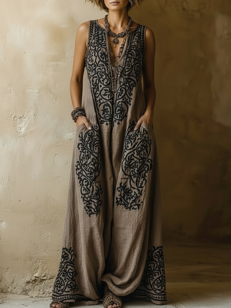 Ensemble vintage bohème en coton et lin de Danoir Paris, deux pièces grises avec motifs élégants et tissu léger.