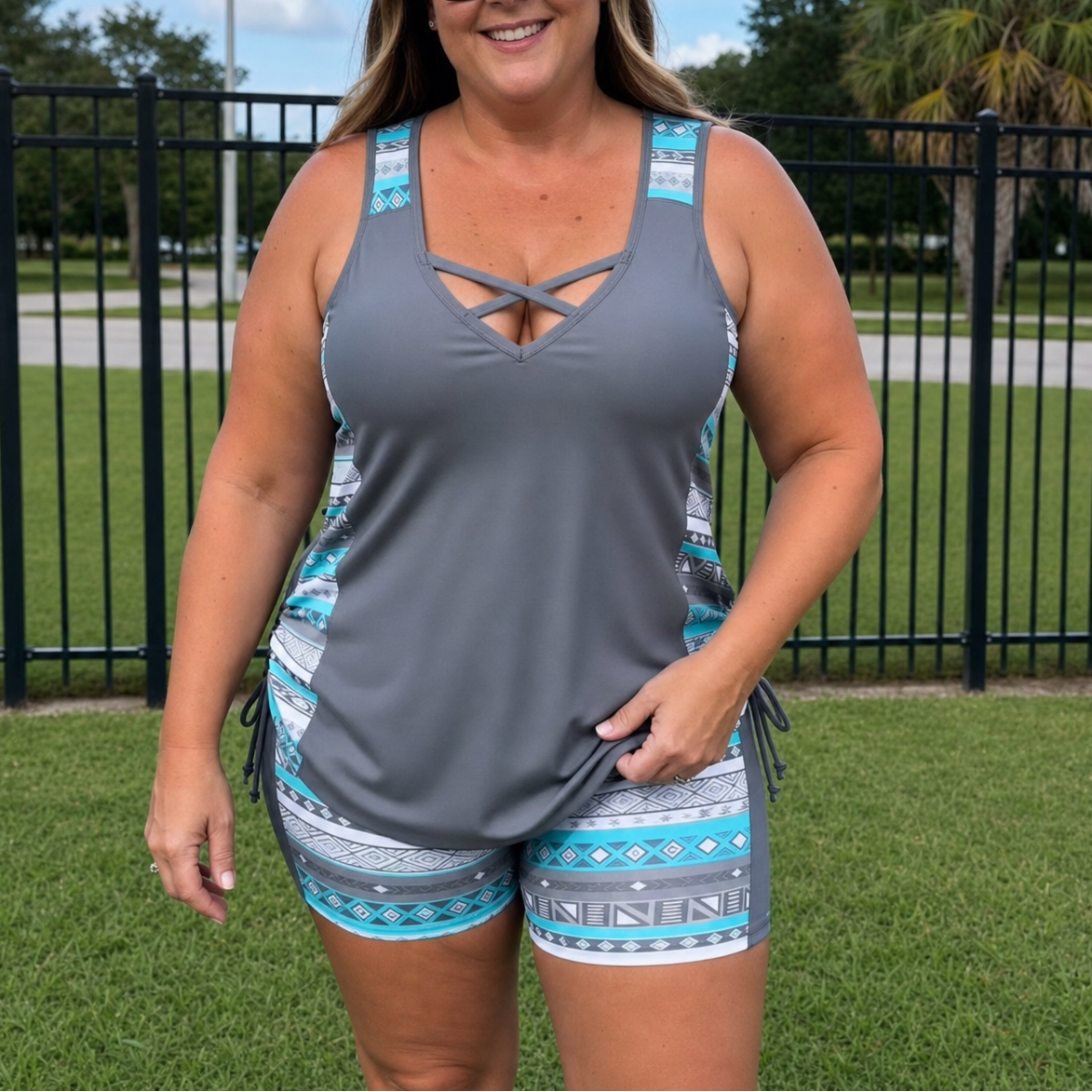 Tankini deux pièces ajustable Moon de Danoir Paris, maillot de bain gris azteque avec design moderne et bretelles réglables.