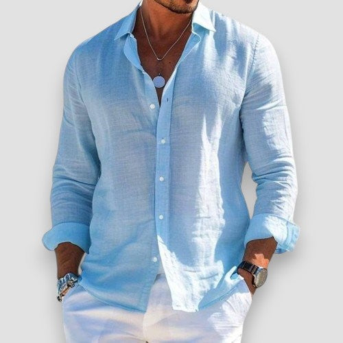 Chemise d'été légère Danoir Paris Christophe en tissu gris, vue de face avec col et manches longues raccourcies.