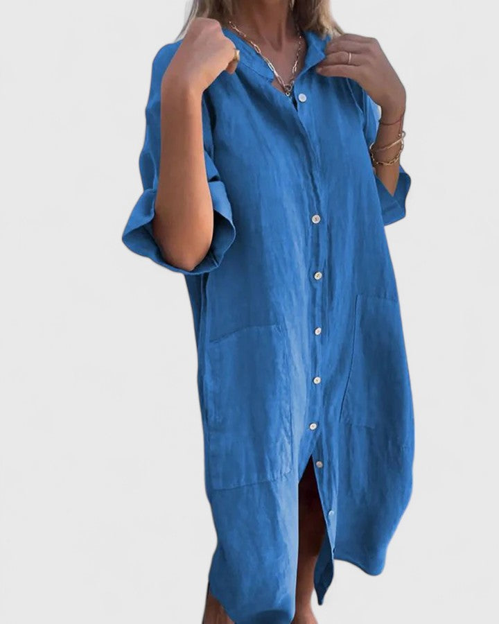 Robe en lin élégante Marella de Danoir Paris, coupe fluide et tissu léger, couleur gris, portée décontractée ou chic.