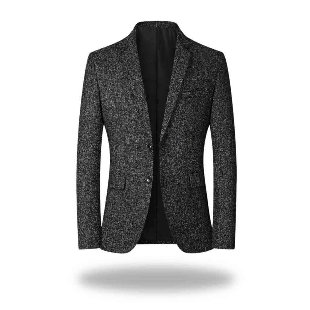 Blazer élégant gris pour hommes de la marque Danoir Paris, coupe slim et détails sophistiqués, porté à l'air libre.