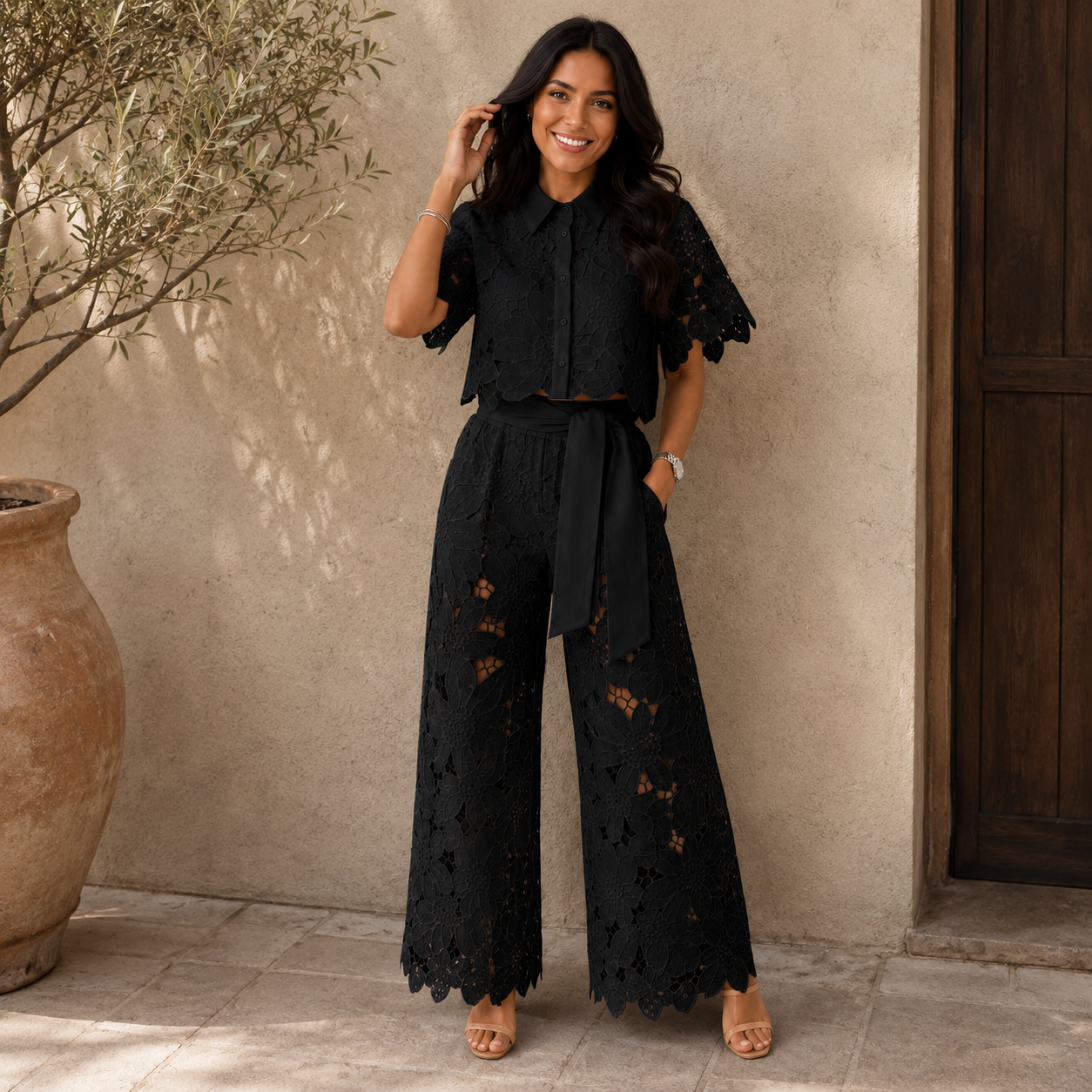 Ensemble deux pièces Isabela Danoir Paris couleur miel, vêtements confortables pour femmes, vue de l'ensemble porté.
