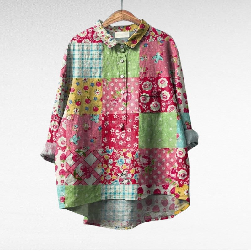 Blouse florale artistique Esmée de Danoir Paris avec imprimé coloré et détails élégants, vue de face.