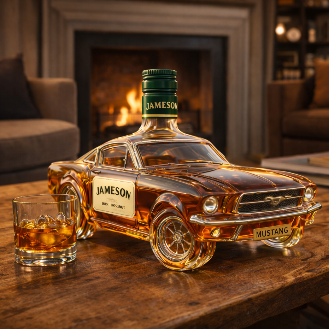 Carafe à whisky Danoir Paris Édition Mustang avec motif de cheval, en verre transparent, idéale pour servir le whisky.