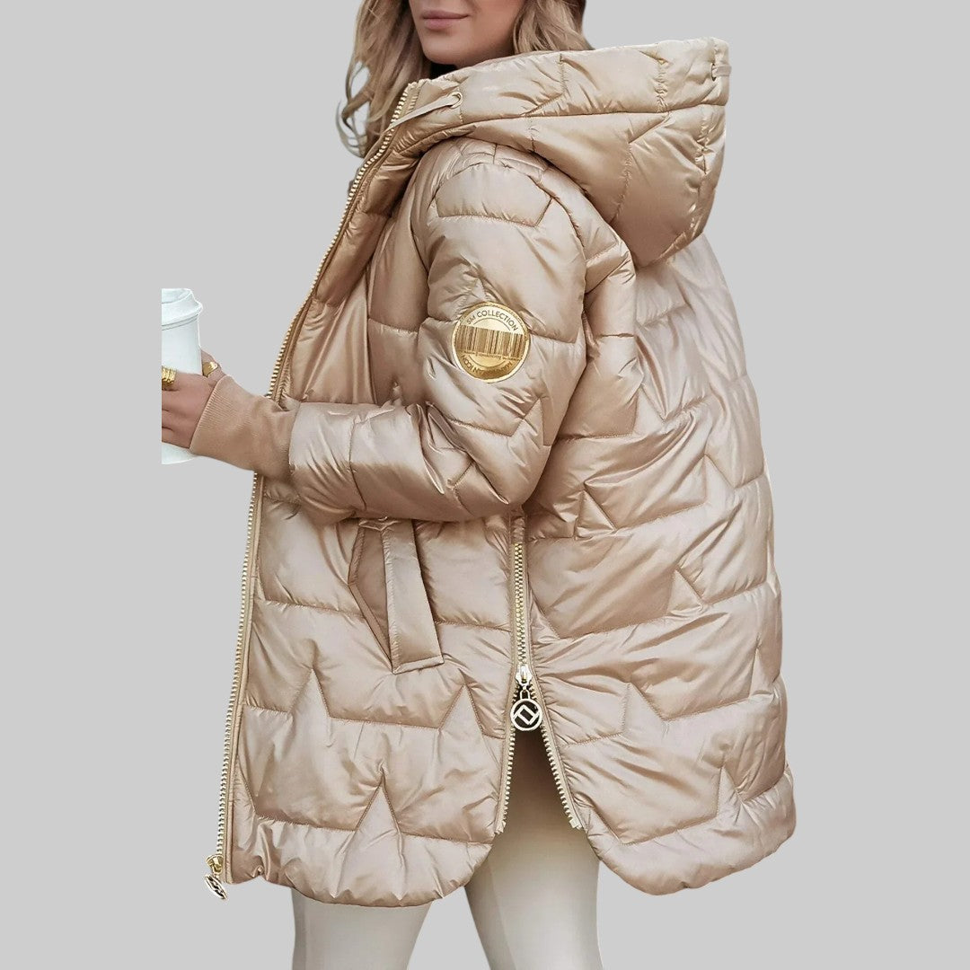 Manteau d'automne beige Danoir Paris Cecilia avec capuche, élégant et chaud, veste en tissu léger pour femmes.