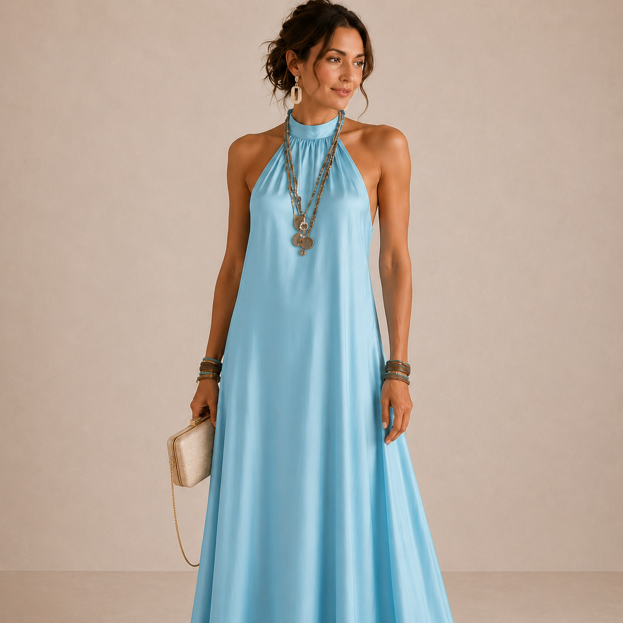 Robe longue maxi ALINA de Danoir Paris en tissu léger bleu clair, portée avec manches longues et décontractée.