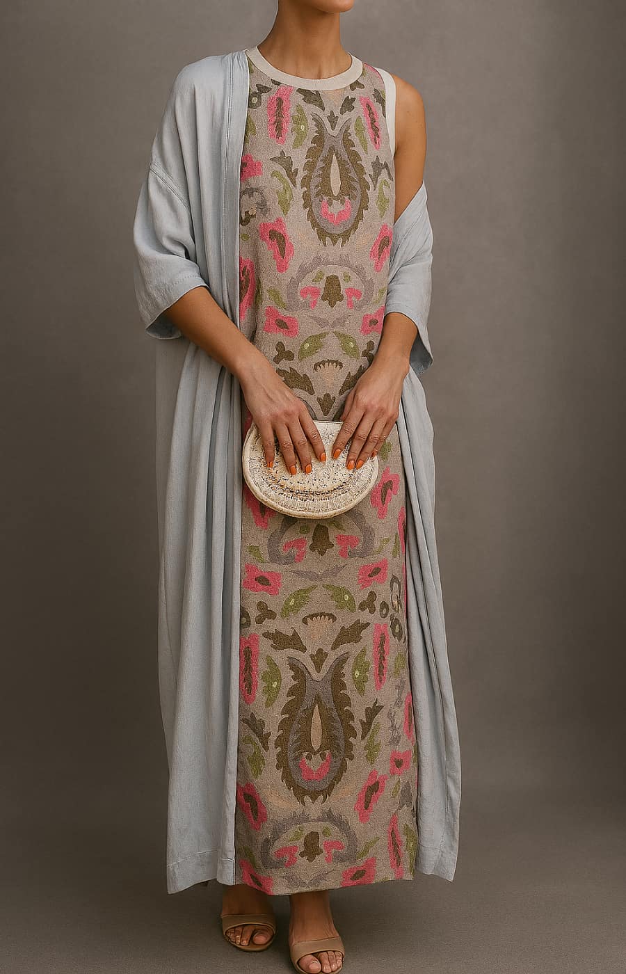 Ensemble robe longue imprimée jaune Élina avec gilet assorti de Danoir Paris, élégant et confortable pour femmes.