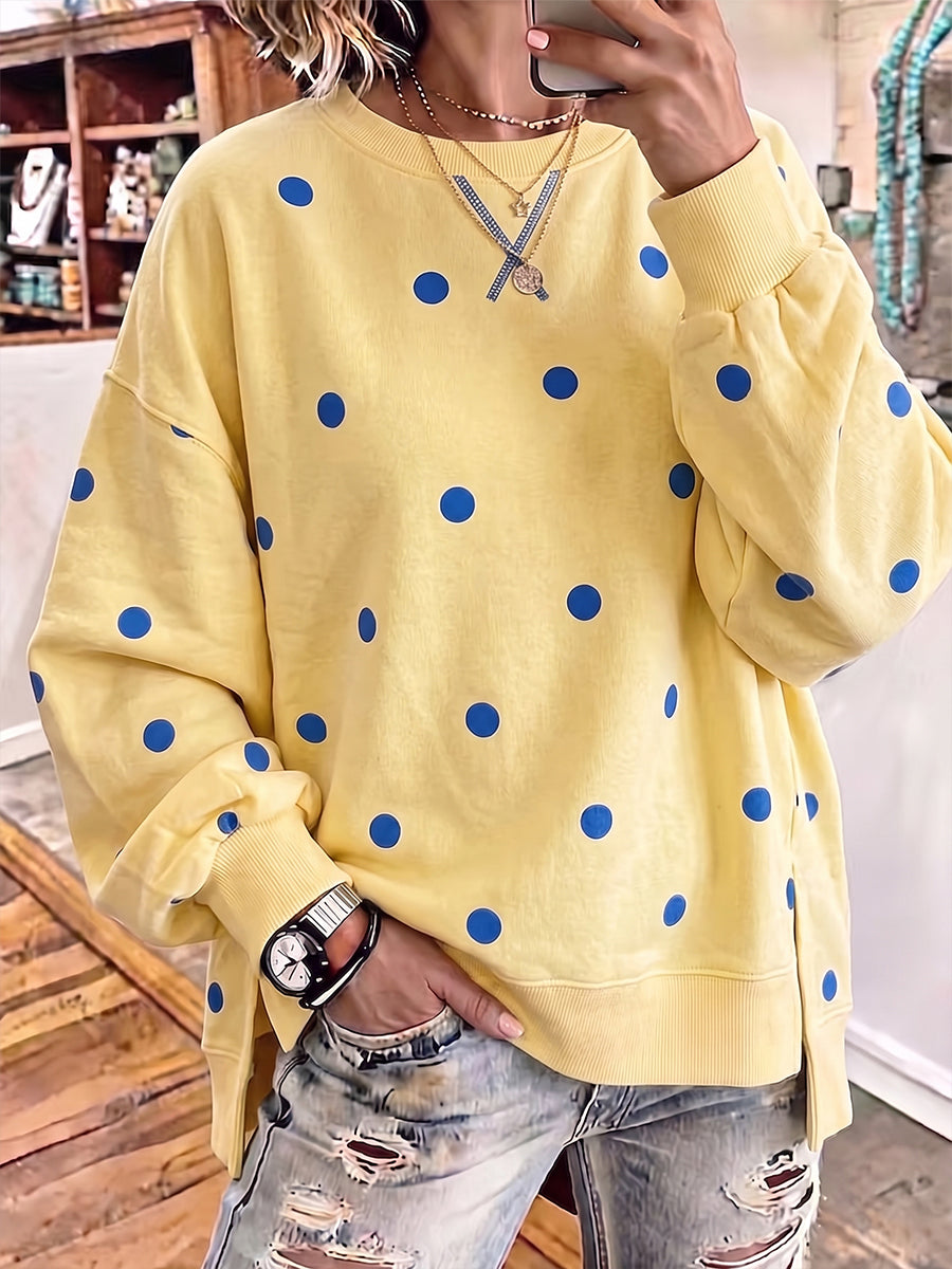 Sweatshirt chic Danoir Paris jaune soleil et bleu à pois, confortable et tendance, vue de face sur fond neutre.