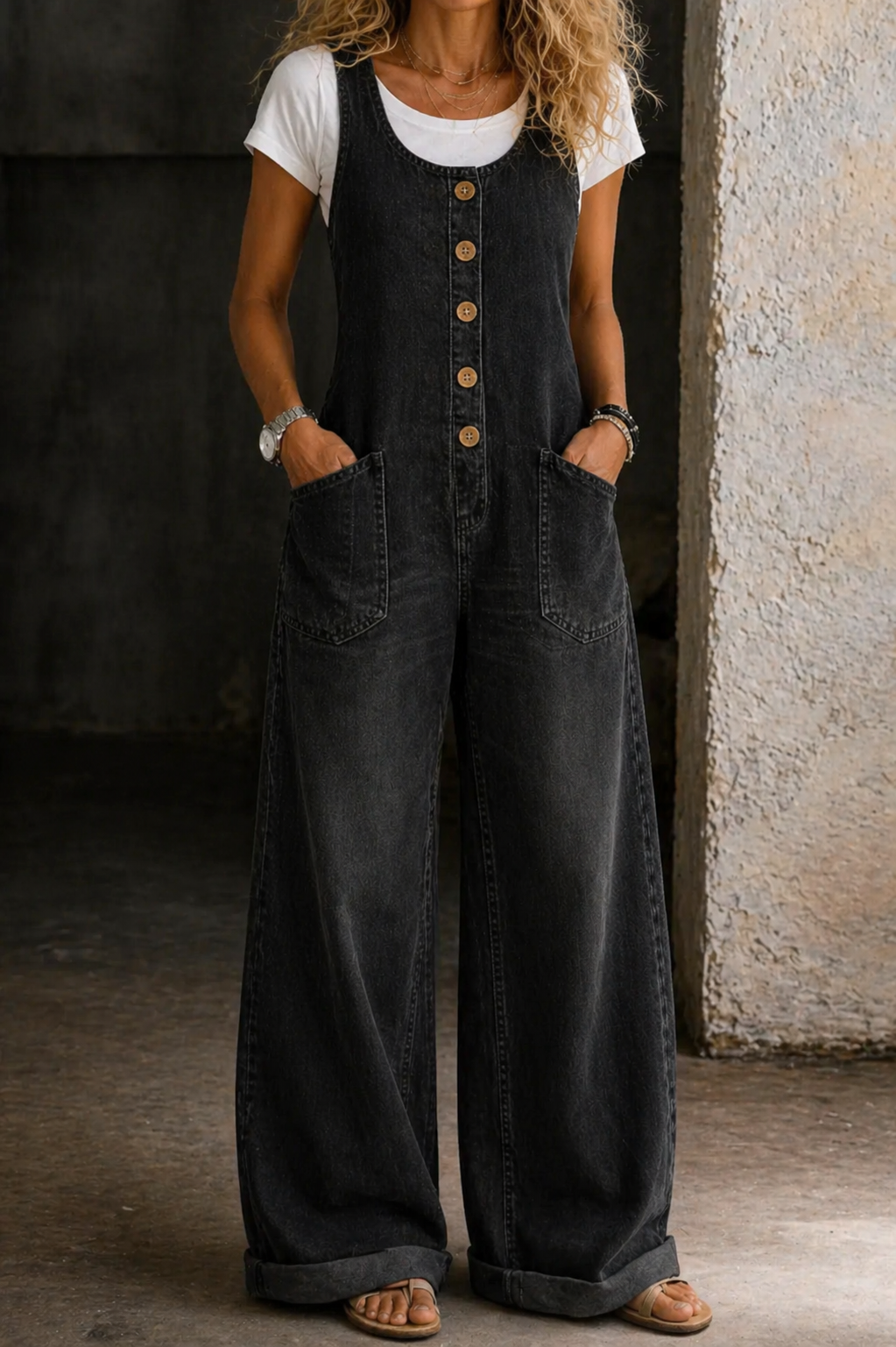 Salopette vintage en jean coton délavé noir Bethany de Danoir Paris, modèle jumpsuit avec bretelles et poches.