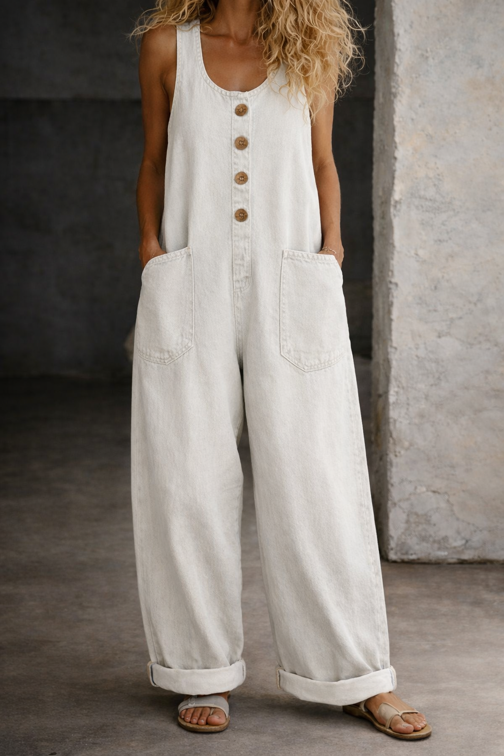 Salopette vintage en jean en coton lavé blanc Willy de Danoir Paris, style classique et décontracté, vue de face.