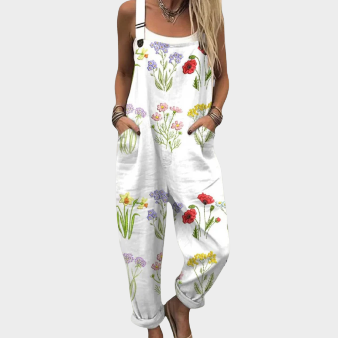 Salopette imprimée confortable de Danoir Paris, combinaison pantalon blanche avec motif, idéale pour un style décontracté.