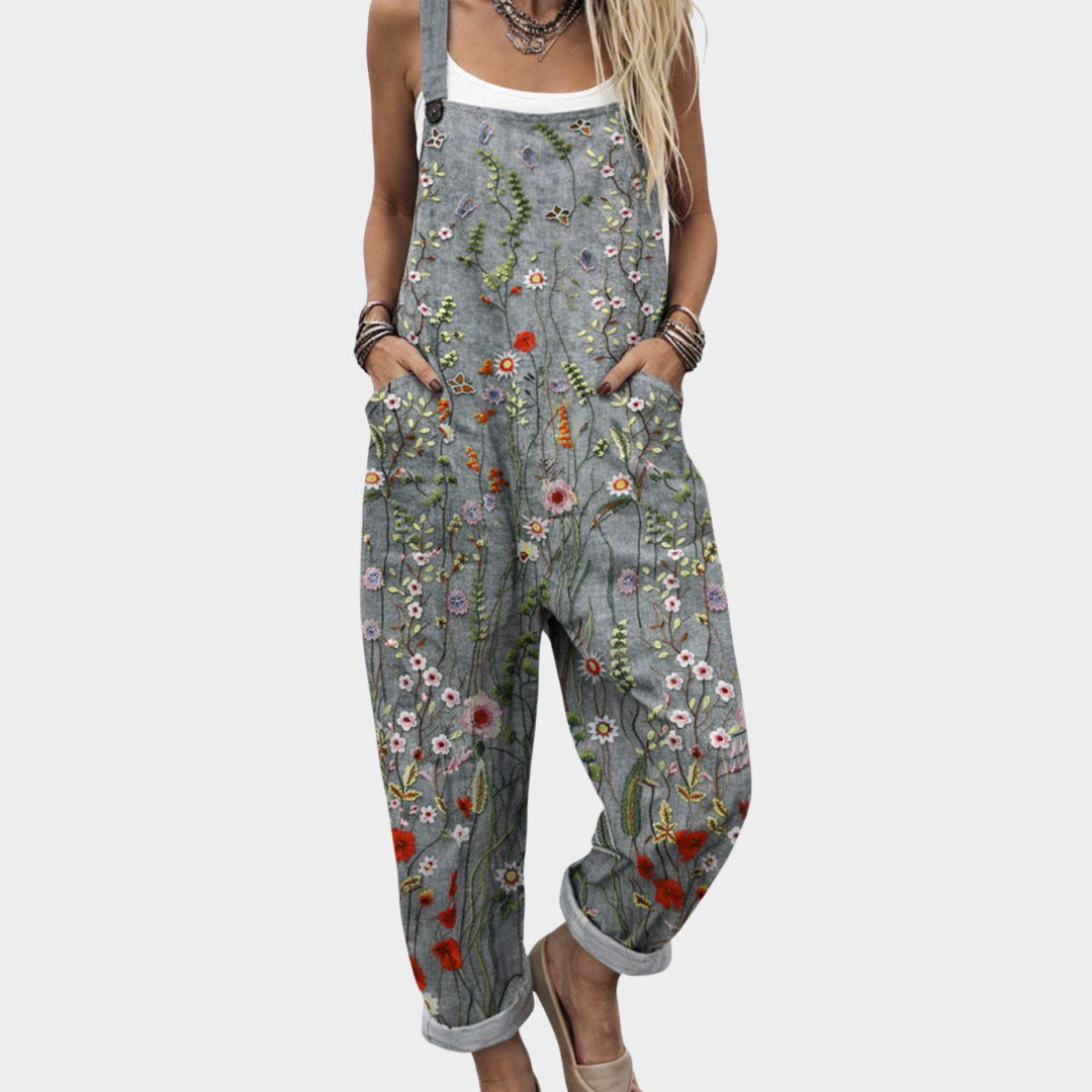 Salopette imprimée confortable de Danoir Paris, combinaison pantalon avec motif coloré et design décontracté pour femme.