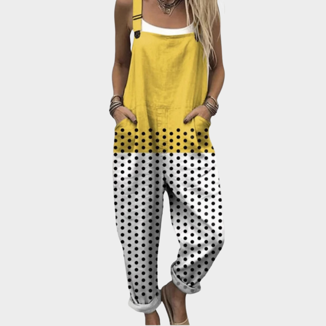Salopette imprimée confortable de Danoir Paris, combinaison pantalon pour femme, tissu léger et design coloré.