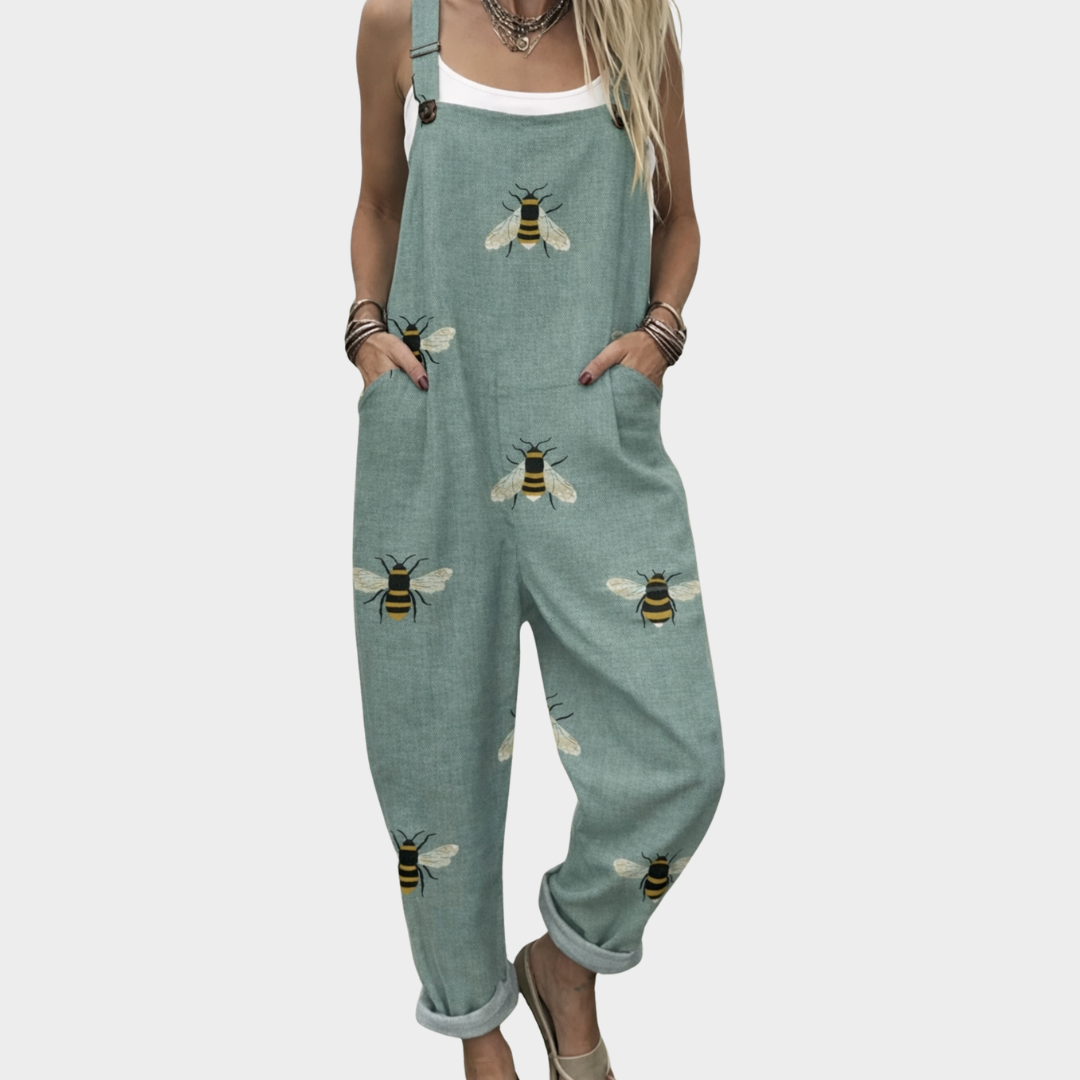 Salopette imprimée confortable de Danoir Paris, combinaison pantalon avec motif coloré, tissu doux et ajusté, vue de face.