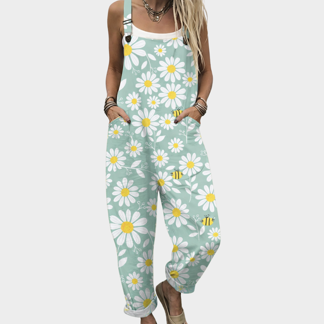 Salopette imprimée confortable de Danoir Paris, jumpsuit en tissu léger avec motifs colorés, parfait pour un style décontracté.