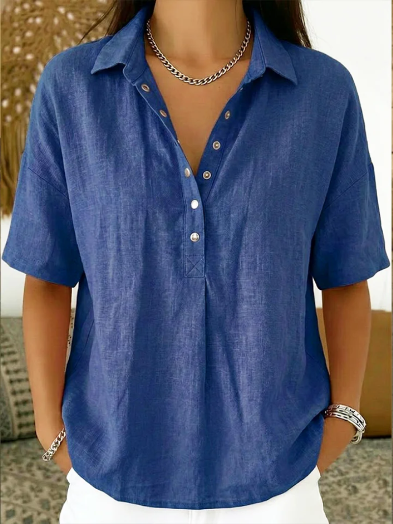 Blouse à col Hélène™ de Danoir Paris en kaki, vue de face, en tissu léger avec détails élégants.