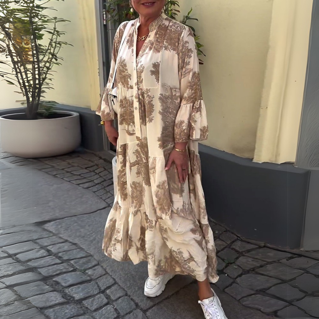 Robe maxi élégante Nerina de Danoir Paris en kaki, vue de face avec détails fluide et sophistiqués.